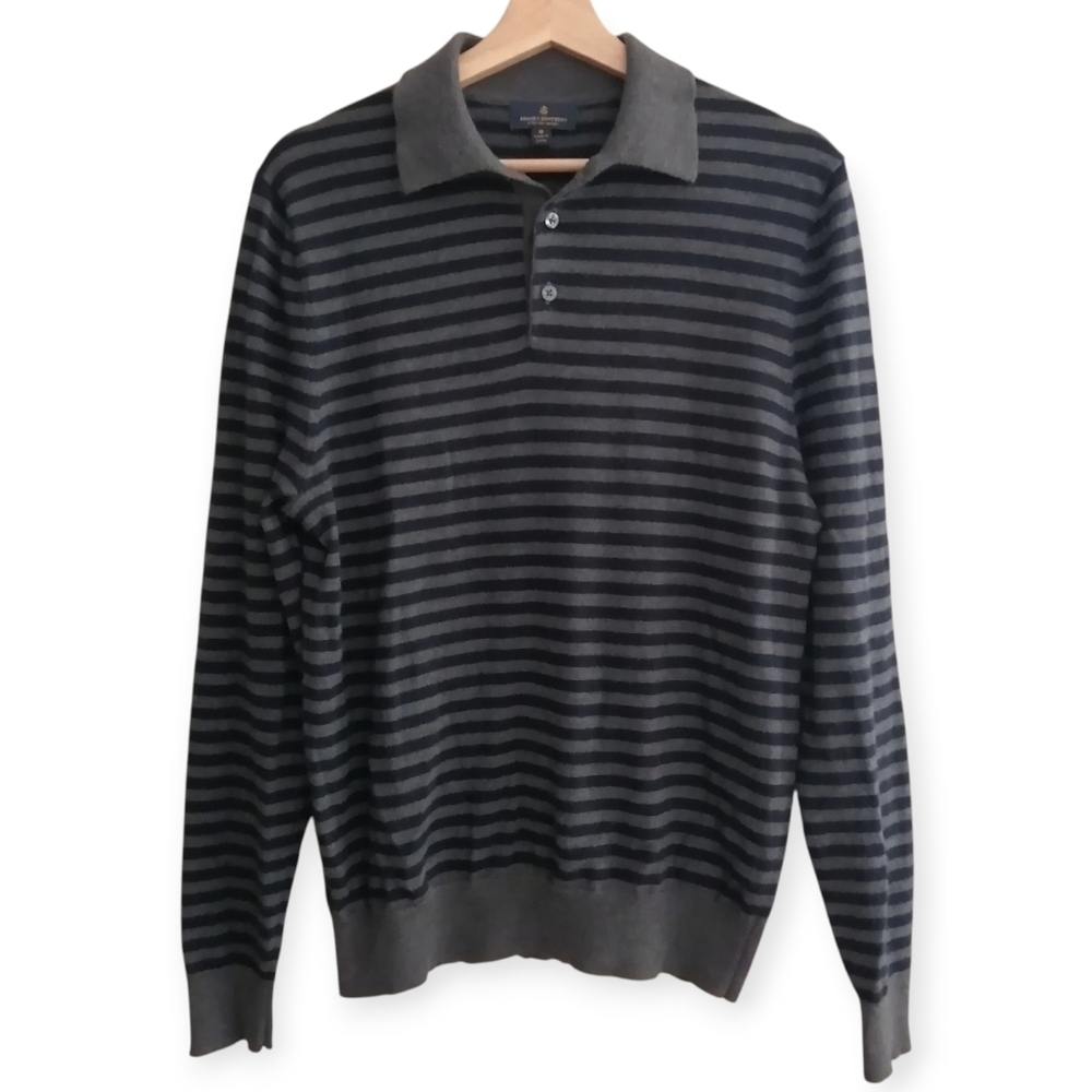 Brooks Brothers Men's Merino Wool Polo Sweater Blue Grey Stripes Size Medium